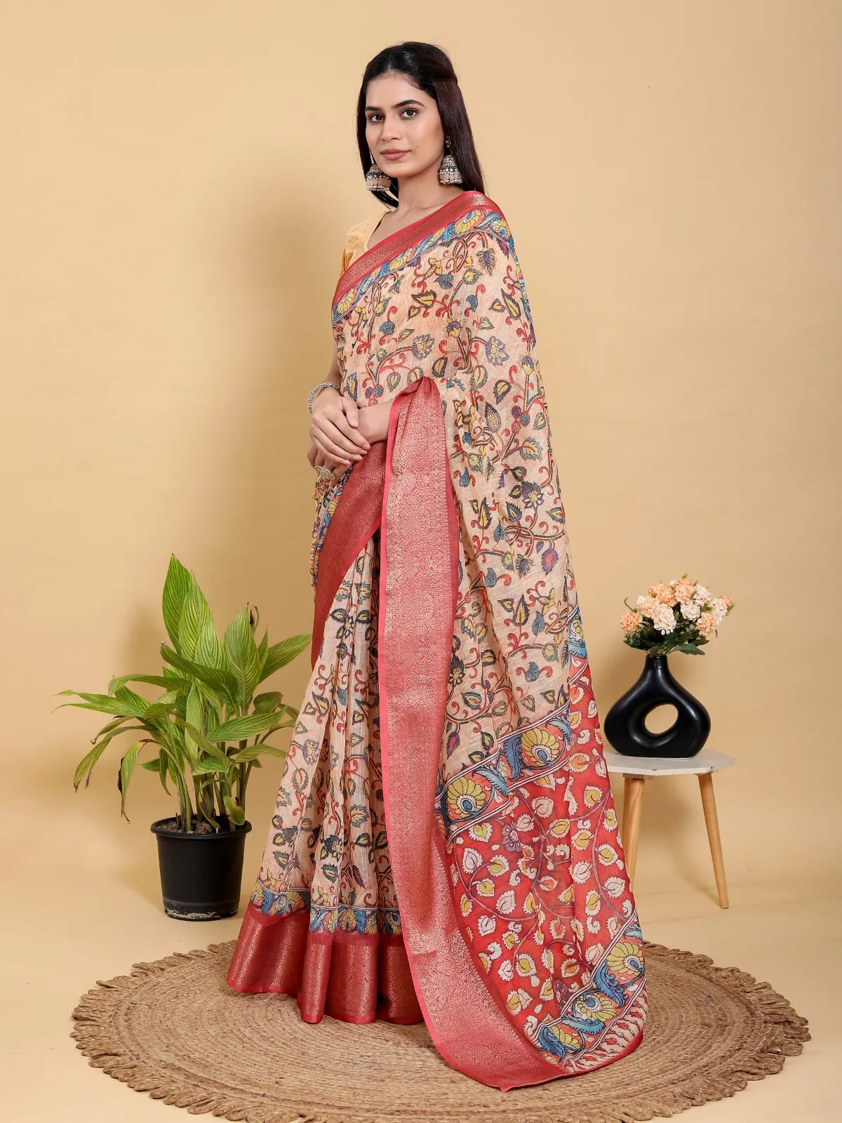 Kalamkari print Linen Cotton saree - Image 4 in Kolkata